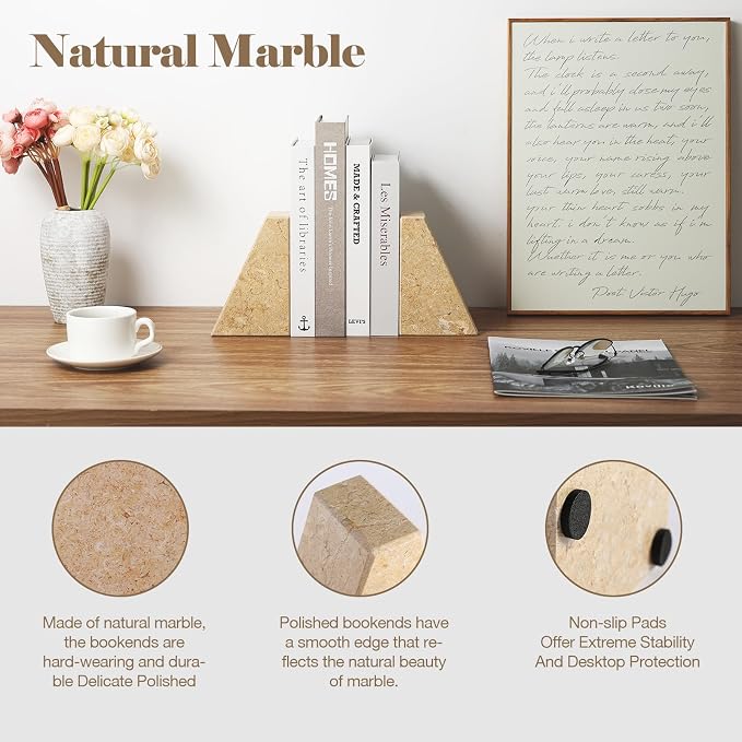 Karibiber Marble Bookend for Heavy Books, Decorative Bookends for Shelves, Durable and Heavy-Duty Book End for Hardback Book & CDS, Unique Book Stopper & Holder, Pearlly Yellow, Set of 2