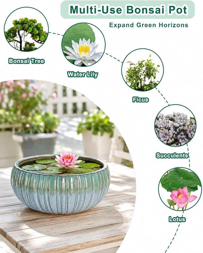 vensovo Round Ceramic Lotus Planter Pot - 11 Inch Large Lotus Flower Bowl, Water Lily Bowl Planter for Aquatic Plants, Bonsai Trees(Green Gradient)
