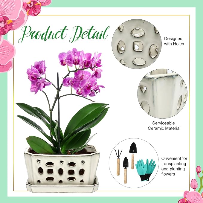 Teenyyou 1 Set Orchid Pot with Holes 9.5 Inch Ceramic Orchid Pot with Saucers for Repotting Amaryllis Flower Planter Include Gardening Shovel Set and Gloves for Home Decor(White)