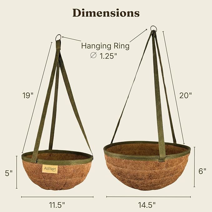12 Inch Handmade Coco Fiber Hanging Basket 2 Pack - Plant Hanger for Outdoor Plants - Natural Boho Rustic Coconut Coir Compact Decorative Flower Pot Holder for Porch Patio Balcony Garden Yard