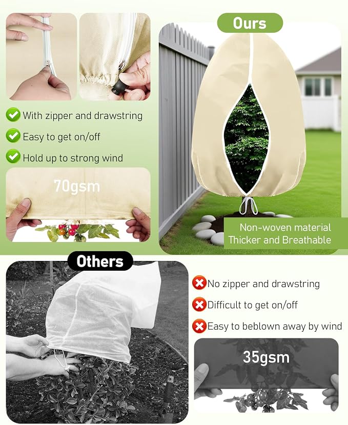 Winter Plant Covers Freeze Protection, 2 Pack Frost Covers (47.3" X 71"), with Zipper and Drawstring Reusable, 2.36 oz/yd² Frost Blankets for Outdoor Plants, for Potted Shrubs Fruit Trees