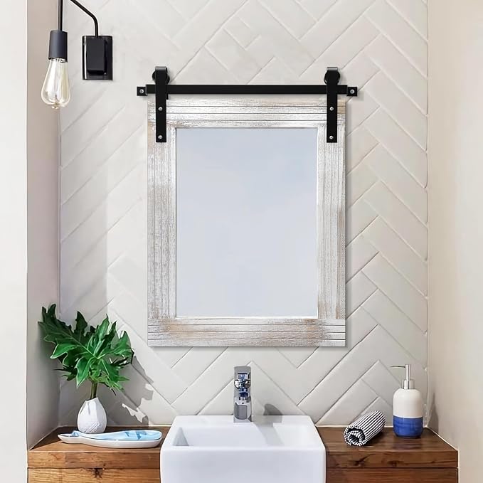 AAZZKANG Mirrors for Wall Rustic Barn Door Mirror with Wood Framed Rectangle Farmhouese Bathroom Mirror Decorative Hanging Mirror for Bedroom Vanity Entryway 20"x16"