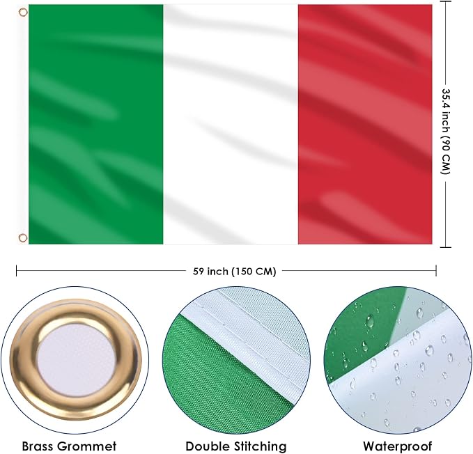 AhfuLife Italy Flag 3x5 Ft, Large Italian National Flag for Outside - Double Side with Brass Eyelets for Italian Party Decorations, Bar Garden Street Decoration Indoor Outdoor