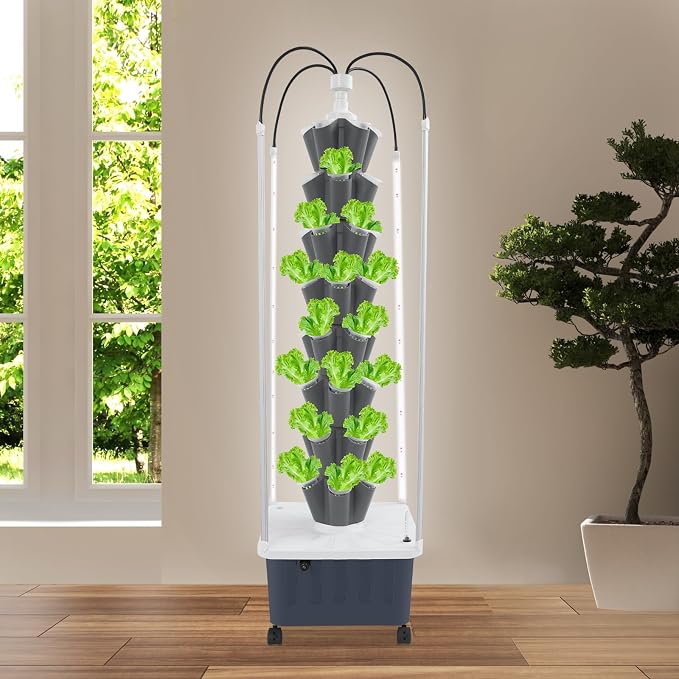 Hydroponic Growing Tower with Grow Lights, 40 Holes Vertical Planter Tower Hydroponics Growing System Kit with Wheels, for Fruits, Vegetables, Herbs and Miniature Greens (White)