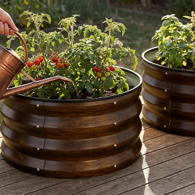 COMHOMA 2 Pack Round Raised Garden Bed 2x2x1ft,Galvanized Metal Planter Box Kit for Outdoor Gardening,Vegetable Flower Herb Growing Beds with Gloves Tools,Brown