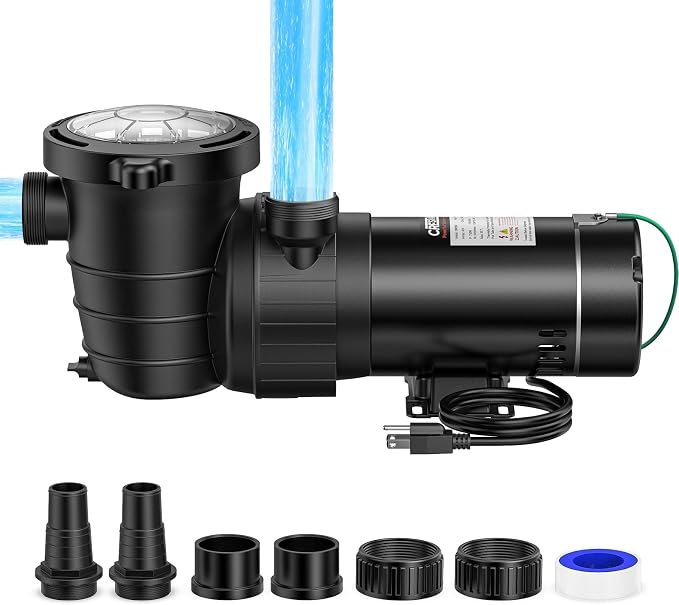 CrestWave 1 HP Above Ground Pool Pump 5300GPH High Flow 115V Single Speed | Self-Priming Pump, Quiet Energy Efficient w/Large Strainer Basket, 1.5", 1.25"-1.5" Adaptors, Fits Pools Spas Irrigation