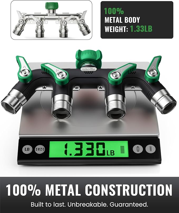 RAINPOINT 4 Way Garden Hose Splitter, 100% Metal Heavy Duty Water Hose Splitter with Individual Shut-Off Valves, 3/4" GHT High Flow Outdoor Faucet Splitter, 1.81" Extra Long Handle (Dark Green)