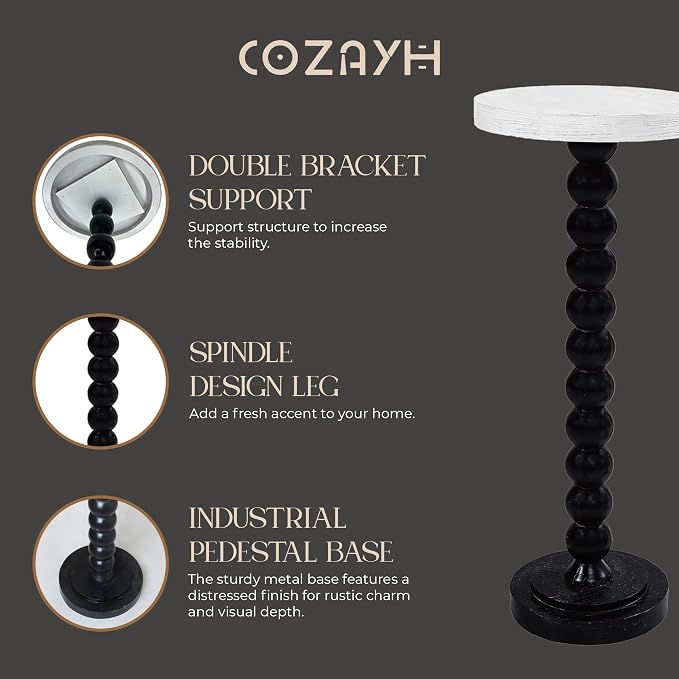 COZAYH Small Pedestal End Table, Living Room Accent Side Table Display Stand, Drink Table with Wood Top & Distressed Metal Spindle Base, White & Black