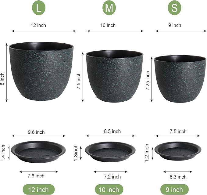 UOUZ 12/10/9 Large Modern Plant Pots, Plastic Planters with Drainage Holes and Saucers for Indoor Outdoor Plants Flowers, Black with Green Speckles