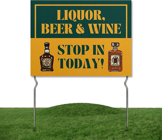 Liquor, Beer & Wine - Stop In Todday! Yard Sign by DC | 24"x18" Double Sided Conv. Store Garden Sign with 13” Metal Stakes | Outdoor Signs Waterproof for Lawn, Patio, Sidewalk & House | Set of 2