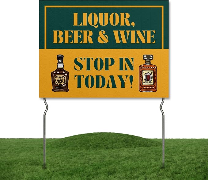 Liquor, Beer & Wine - Stop In Todday! Yard Sign by DC | 24"x18" Double Sided Conv. Store Garden Sign with 13” Metal Stakes | Outdoor Signs Waterproof for Lawn, Patio, Sidewalk & House | Set of 3