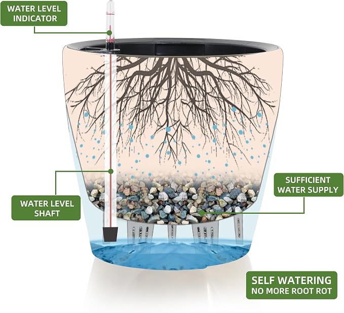 Dexceder 11x10 Self Watering Planter (Grey Gold Crackle) | Inner Pot Design, Thickened Table Flower Plant Pot with Water Level Indicator Indoor Outdoor