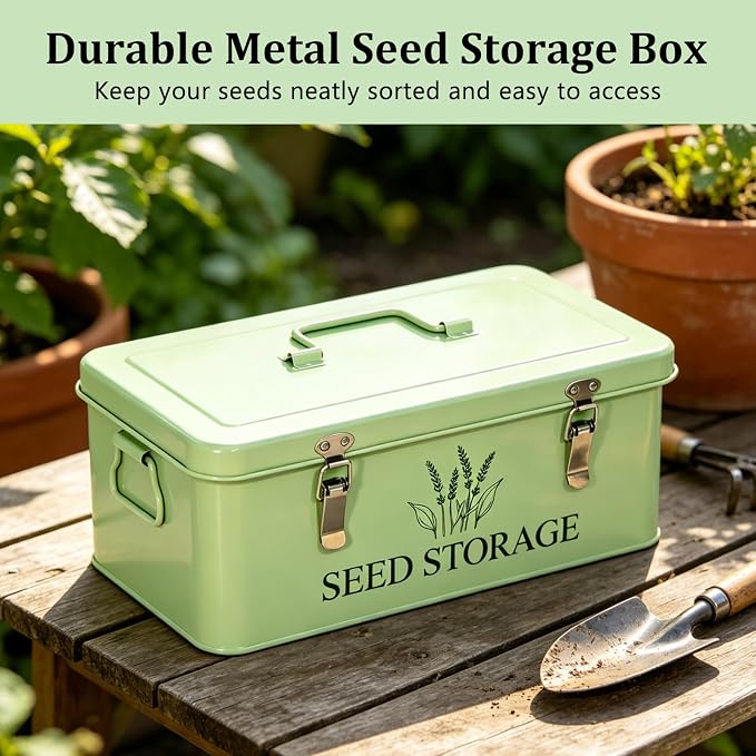 60-Slot Metal Seed Storage Organizer Box, Seed Saving Box | 3 Compartments Organization, 60 Seed Envelopes & Labels, Seed Packet Storage, for Flower Vegetable Seeds, Garden Organizer
