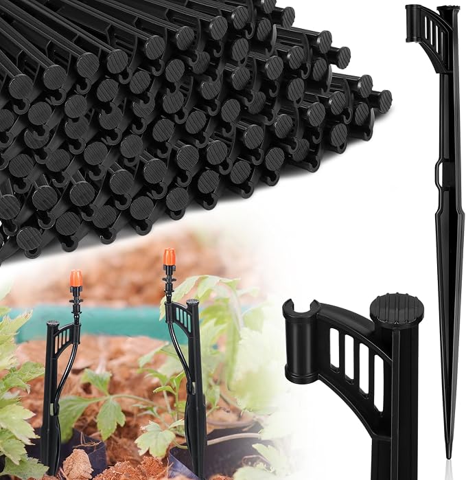 GlikCeil 100 Pcs 12.8" Irrigation Drip Support Stakes 1/4 Inch Tubing Hose Holder Adjustable Riser Drip Lines Ground Stakes for Micro Sprinkler Gardens Irrigation Supplies