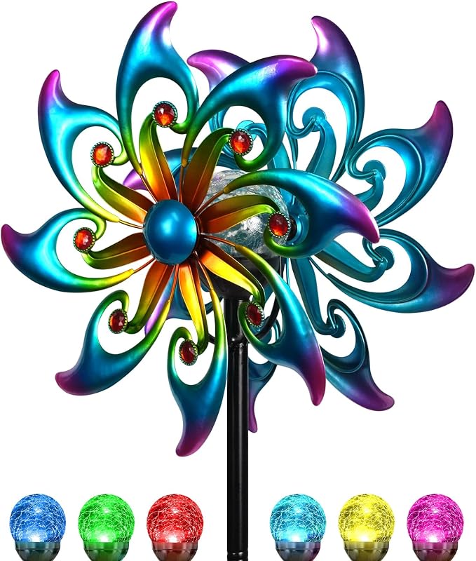 Solar Wind Spinner Metal Bird of Paradise Kinetic Garden Yard Art | Multi-color solar glow orb,Bird of paradise metal spinner,Whisper-quiet bearings,Stable 5-prong stake,Hand-Crafted Art