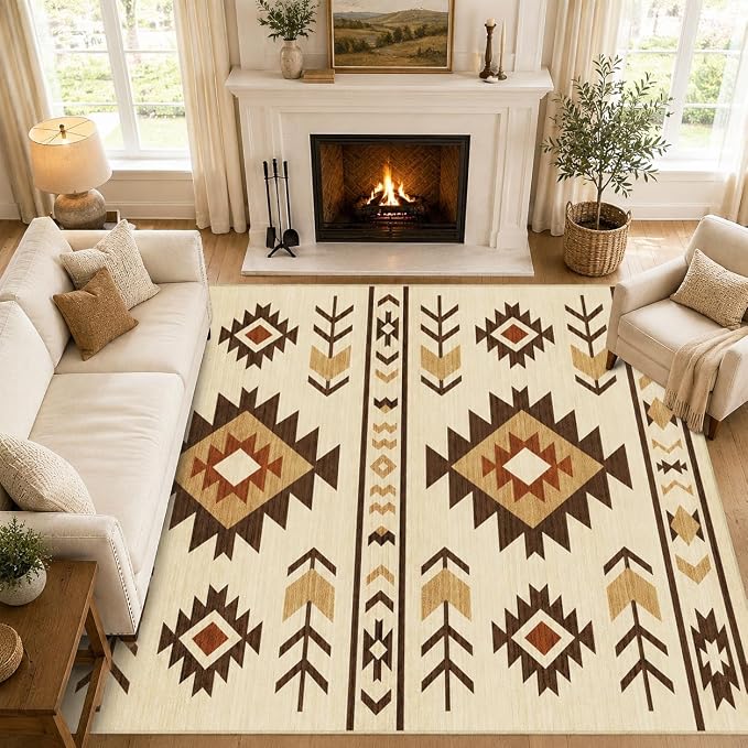 8x10 Area Rug for Living Room Western Rug Southwestern Aztec Tribal Rugs Southwest Navajo Machine Washable Non-Slip Printed Low-Pile Floor Carpet for Bedroom Dining Room Office, Camel