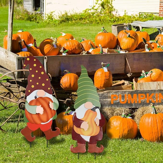 Fall Decorations for Home Outdoor, 2 Pack 25" Decorative Garden Stakes with Gnomes Pumpkin for Fall Decor, Metal Yard Signs for Outside Garden Lawn Porch Patio Thanksgiving Decorations