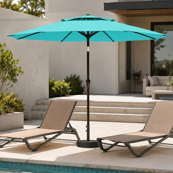 10FT Patio Umbrella, 2 Tier Outdoor Table Umbrella, Large Vented Market Umbrellas with Push Button Tilt and Crank, 8 Sturdy Ribs for Backyard, Deck, Pool, UPF50+ UV Protection