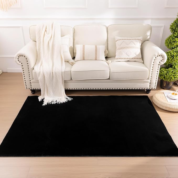 SHACOS Ultra Soft Faux Rabbit Fur Area Rug 5'x7', Non Slip Washable Padded Living Room Rugs, Fluffy Cozy Indoor Modern Carpet for Bedroom Dining Room Kids Room Dorm Home Decor, Black