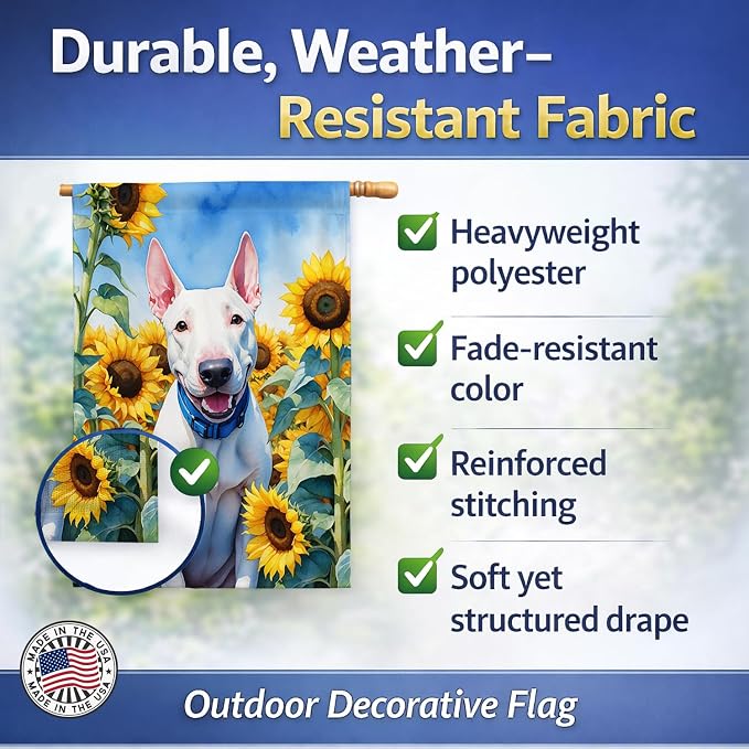 Caroline's Treasures DAC6071CHF English Bull Terrier in Sunflowers House Flag Large Porch Sleeve Pole Decorative Outside Yard Banner Artwork Wall Hanging, Polyester, House Size, Multicolor