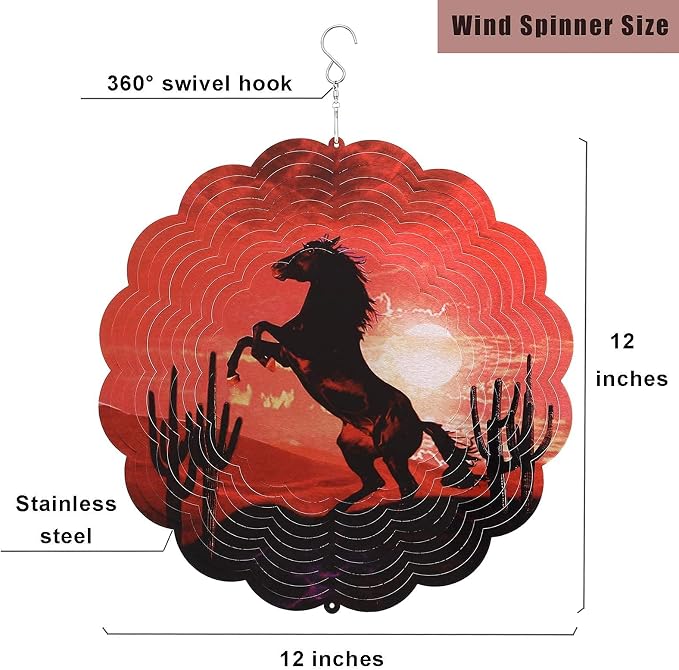 Horse Wind Spinner Outdoor, 13 Inch 3D Kinetic Stainless Steel Yard Art, Metal Wind Spinner Suncatcher with 360° Rotating Hook, Hanging Wind Sculpture for Garden Patio Unique Gifts for Women