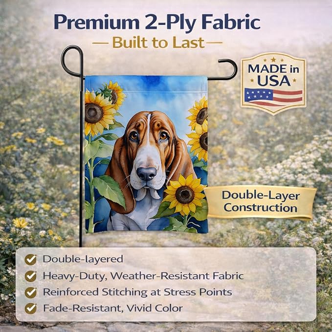 Caroline's Treasures DAC6017GF Basset Hound in Sunflowers Garden Flag Mailbox Flag Decorative Yard Flag Banner Outside Patio Artwork Yard Flower Beds, Garden Size, Multicolor