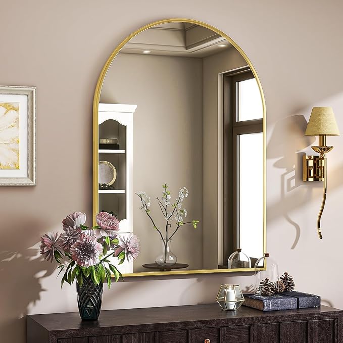 Arched Wall Mirror, 30 x 38 inch Arch Bathroom Mirror Gold | Wall Mounted Bathroom Vanity Mirror with Arch Metal Frame, Modern Room Decor for Bedroom, Entryway, Hanging or Leaning