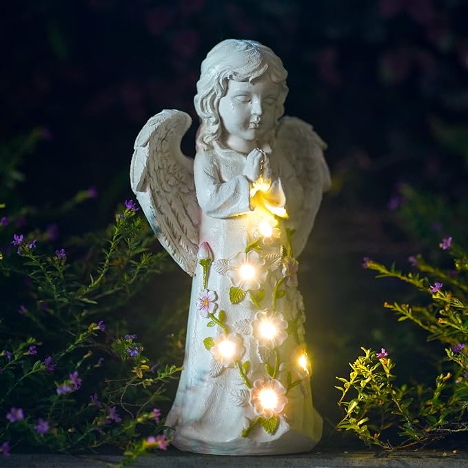 Solar Garden Outdoor Statues Angel with Succulent | 7 LED Lights, Lawn Decor Statue for Patio, Balcony, Yard Ornament, Gifts for Mom Grandma Women
