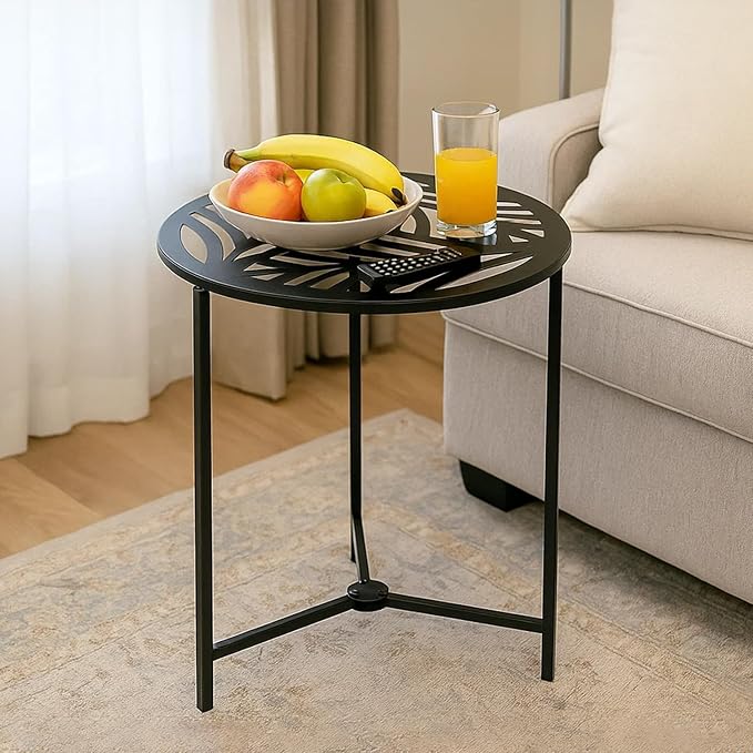 Extra-large Metal Side Table 17.7 Inches Heavy-duty Black Outdoor Patio Garden End Table Round Accent Corner Stand for Small Space Weather-resistant Coffee Table for Balcony Porch Plant Stand, Black
