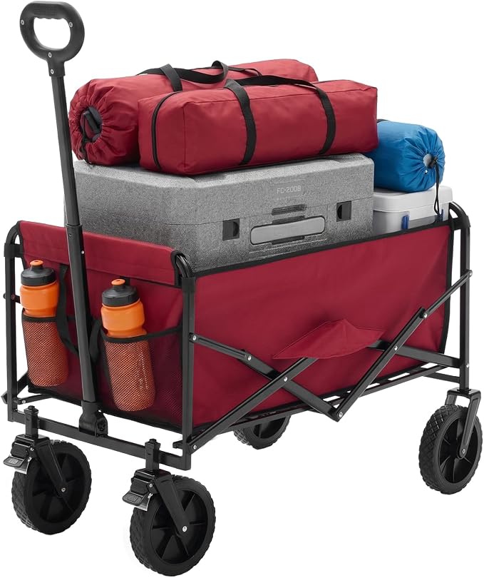 NEWBULIG Collapsible Wagon Cart, 102L Standard, Portable Heavy Duty Pull Cart with Lockable Wheels, 330 lbs Capacity, Adjustable Handle for Beach, Sports, Camping, Shopping & Garden, Red