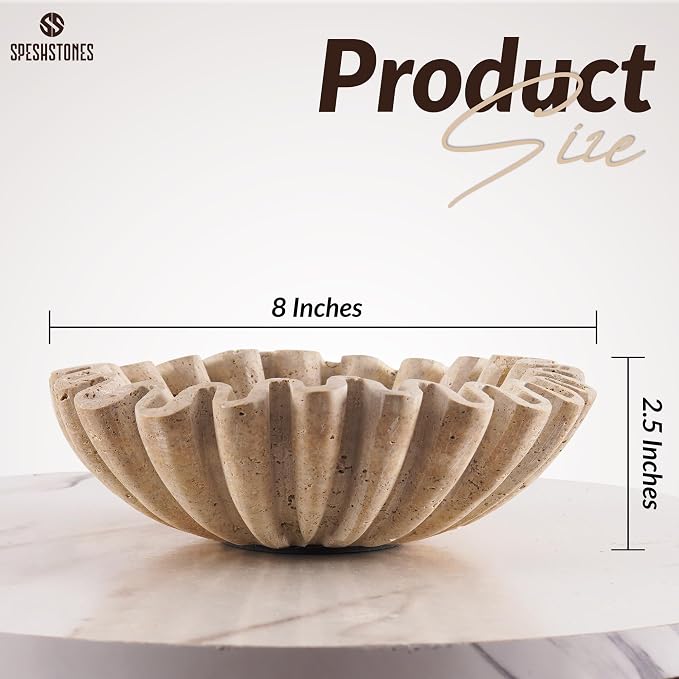 Marble Decorative Bowl Handmade 8 Inch Travertine Ruffle Bowl, Fruit Bowl for Kitchen Counter, Large Scalloped Bowls for Housewarming Gifts, Modern Fluted Bowl for Home Decor