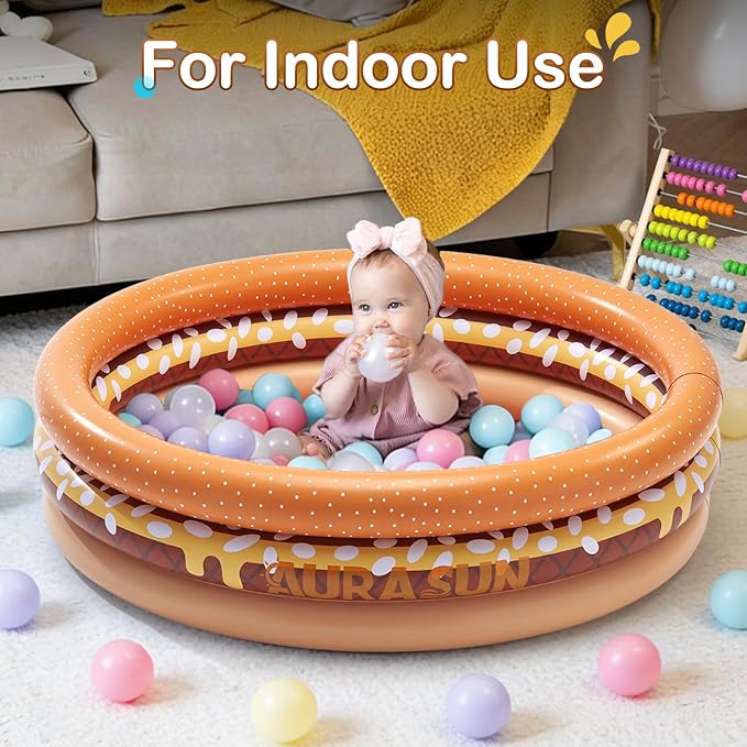 Inflatable Baby Pool Small Kiddie Swimming Pool, 3 Rings Round Pad Pool for Kids & Toddler, 48"X12" Portable Indoor Ball Pit Toys, Outdoor Water Play for Girl/Boy, Brown