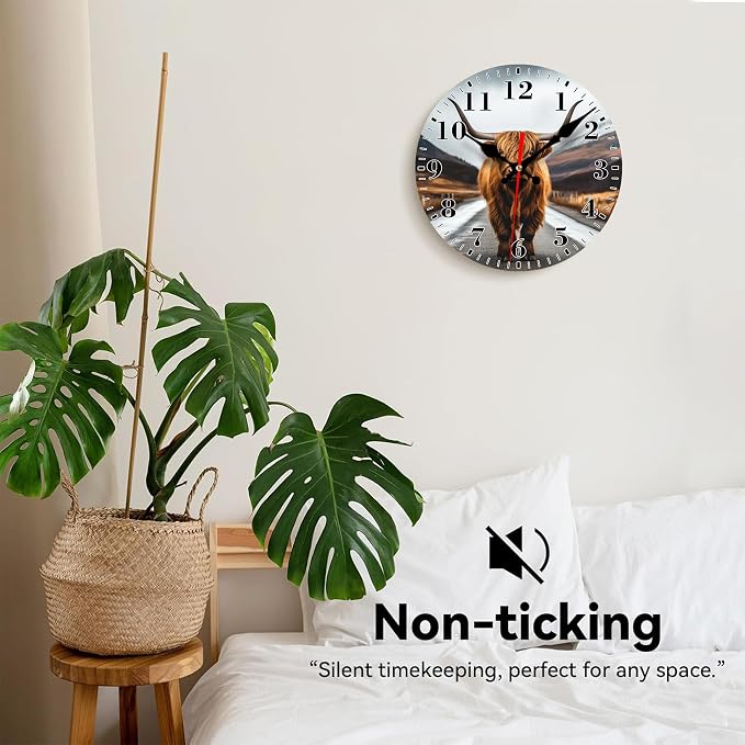 Wall Clock, Scotland Highland Cow Silent Non Ticking Battery Operated Round Decorative Indoor Outdoor Clocks for Living Room Kitchen Bedroom Bathroom Patio 12"