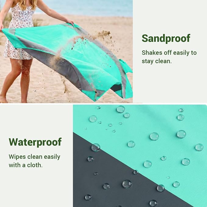 Wolfwise 78" × 108" XXL Beach Blanket, Waterproof & Sandproof Picnic Mat with 4 Sand Pockets & 4 Stakes, Windproof Outdoor Camping Beach Mat, Lightweight, Fits 6 People, Green