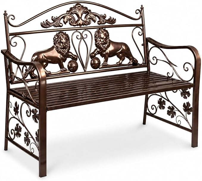 44.5" Outdoor Garden Bench, Heavy-Duty Metal Frame Patio Park Bench with Vintage Lion Design for Porch, Balcony, Backyard & Entryway