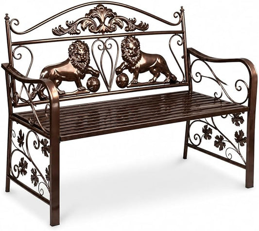 44.5" Outdoor Garden Bench, Heavy-Duty Metal Frame Patio Park Bench with Vintage Lion Design for Porch, Balcony, Backyard & Entryway