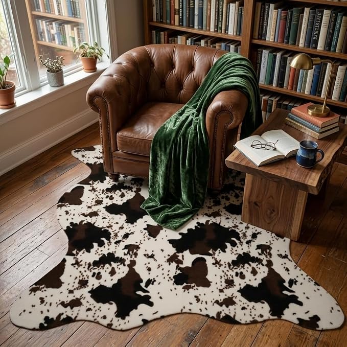 MustMat Faux Cowhide Rug, Western Cow Print Area Rug 4'7"x 5'3" | Ideal for Living Room, Bedroom, Dining Room & Entryways. Fits Vintage & Rustic Decor, Great for Holiday & Birthday Parties