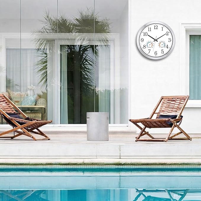 Caysie 16 Inch Indoor Outdoor Clocks Waterproof with Thermometer and Hygrometer Combo, Silent Battery Operated Quartz Metal Wall Clock for Patio Pool Bathroom Home (White)