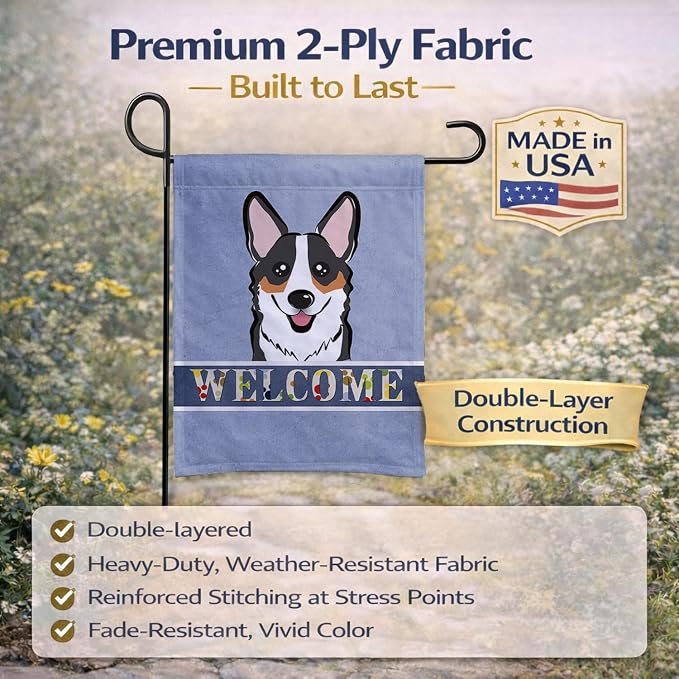 Caroline's Treasures BB1441GF Tricolor Corgi Welcome Garden Flag, Blue Mailbox Flag Decorative Yard Flag Banner Outside Patio Artwork Yard Flower Beds, Garden Size, Multicolor