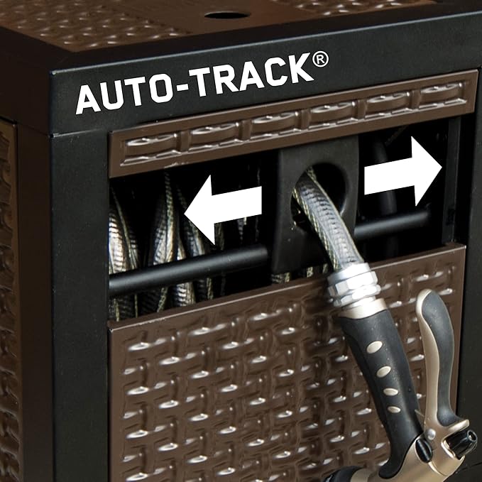AMES NeverLeak Hose Reel Cabinet Box, 100 Ft. Capacity, Decorative with Wicker Look, Auto Track Rewinding, Black Metal