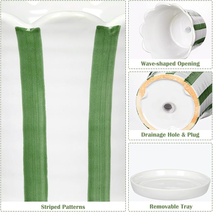 Set of 2 Flower Planter, 5.8 inch Ceramic Plant Pots with Drainage Hole and Sauser, Stripe Ceramic Planters with Wavy Opening for Indoor Outdoor Home Gardening Desktop Windowsill