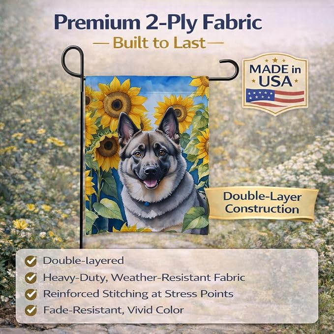 Caroline's Treasures DAC6126GF Norwegian Elkhound in Sunflowers Garden Flag Mailbox Flag Decorative Yard Flag Banner Outside Patio Artwork Yard Flower Beds, Garden Size, Multicolor