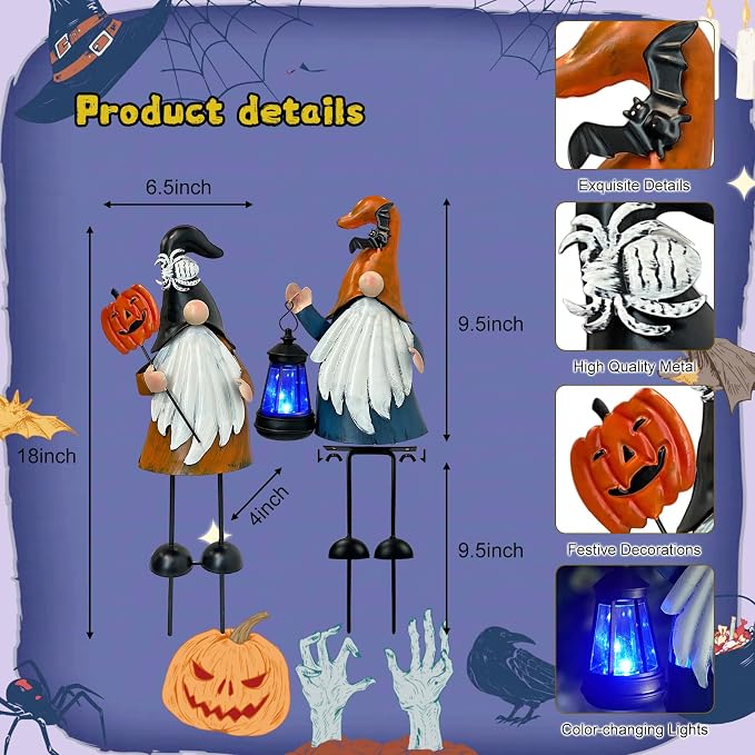 Halloween Decorations Outdoor Solar Gnomes with LED Lantern, Gnomes Metal Yard Art Halloween Outdoor Decor Patio Holiday Gardening Gifts for Mom Women