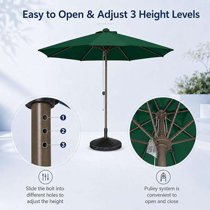 9FT Patio Umbrella, Outdoor Table Umbrella with Rope Pulley Lift, 3 Adjustable Heights, Market Umbrellas for Backyard, Pool and Deck, UPF50+