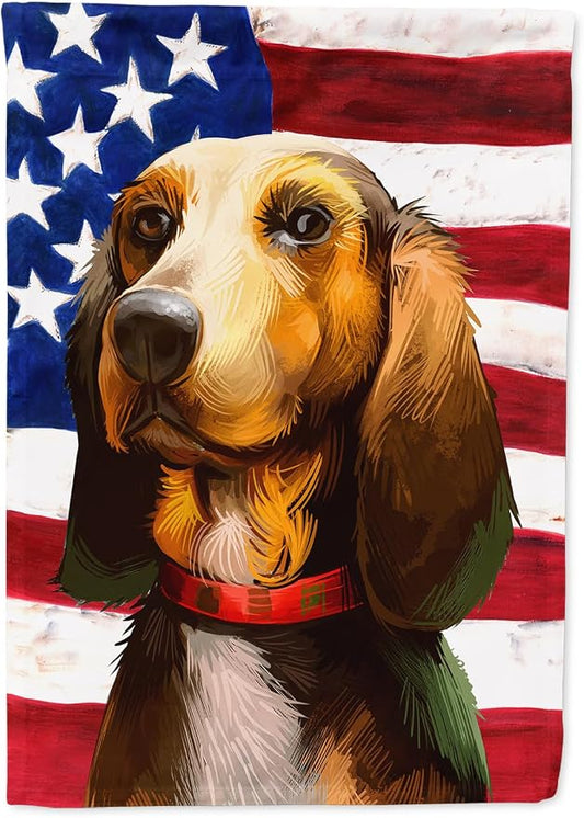 Caroline's Treasures CK6464CHF Bruno Jura Hound Dog American Flag House Flag Large Porch Sleeve Pole Decorative Outside Yard Banner Artwork Wall Hanging, Polyester, House Size, Multicolor