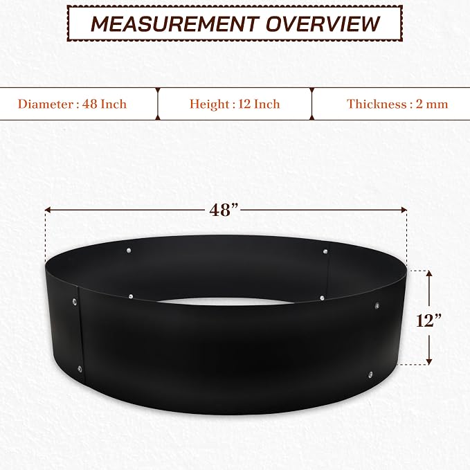 FEBTECH - 48" Portable Firepit Ring Liner - 2MM Carbon Steel DIY Fire Ring for Outdoor Fire Pits - Above-Ground or In-Ground Fire Ring Insert for Backyard Bonfires, Camping, and Outdoor Gatherings