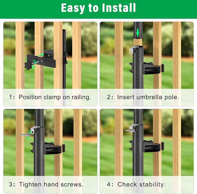 Heavy Duty Deck Railing Umbrella Holder, Adjustable Patio Umbrella Stand for 1-2 Inch Poles, Secure & Sturdy Railing Mount with Locking Pin, Maximizes Deck Space