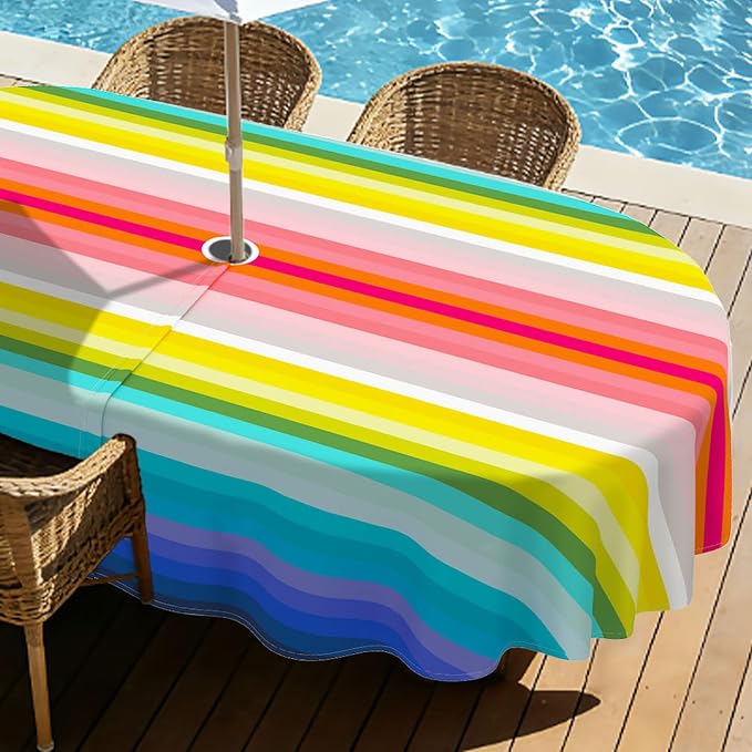 Mexico Strip Oval Outdoor Tablecloth with Umbrella Hole 60" x 102" Waterproof Zipper Table Cloth for Patio Table - Ideal Tablecloths for Picnics, Camping, and Yard Use