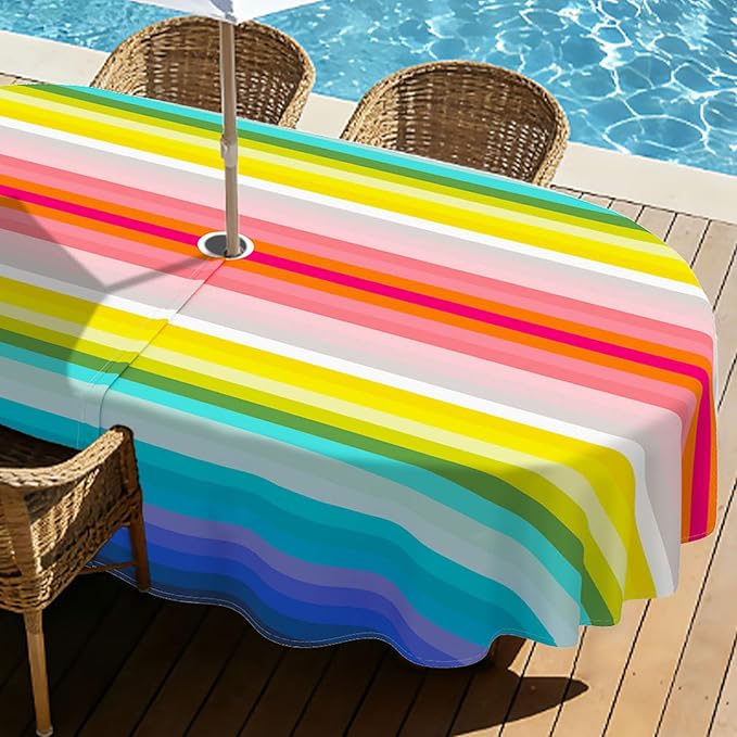 Mexico Strip Oval Outdoor Tablecloth with Umbrella Hole 60" x 84" Waterproof Zipper Table Cloth for Patio Table - Ideal Tablecloths for Picnics, Camping, and Yard Use