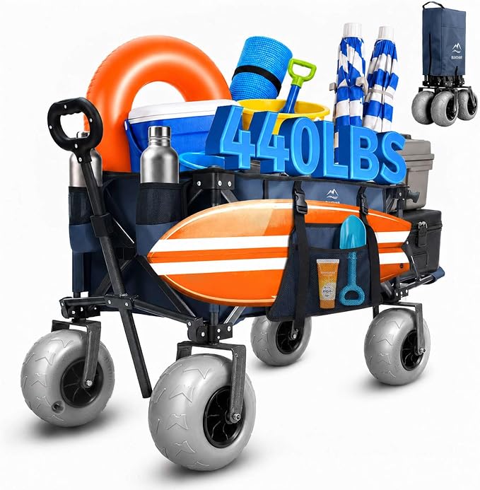 Heavy Duty Beach Wagon with 9" Big Sand-Proof Balloon Wheels, 200L Oversized Foldable Beach Cart, 440LBS Utility Wagon with Side Pocket for Sand,Camping,Vacation